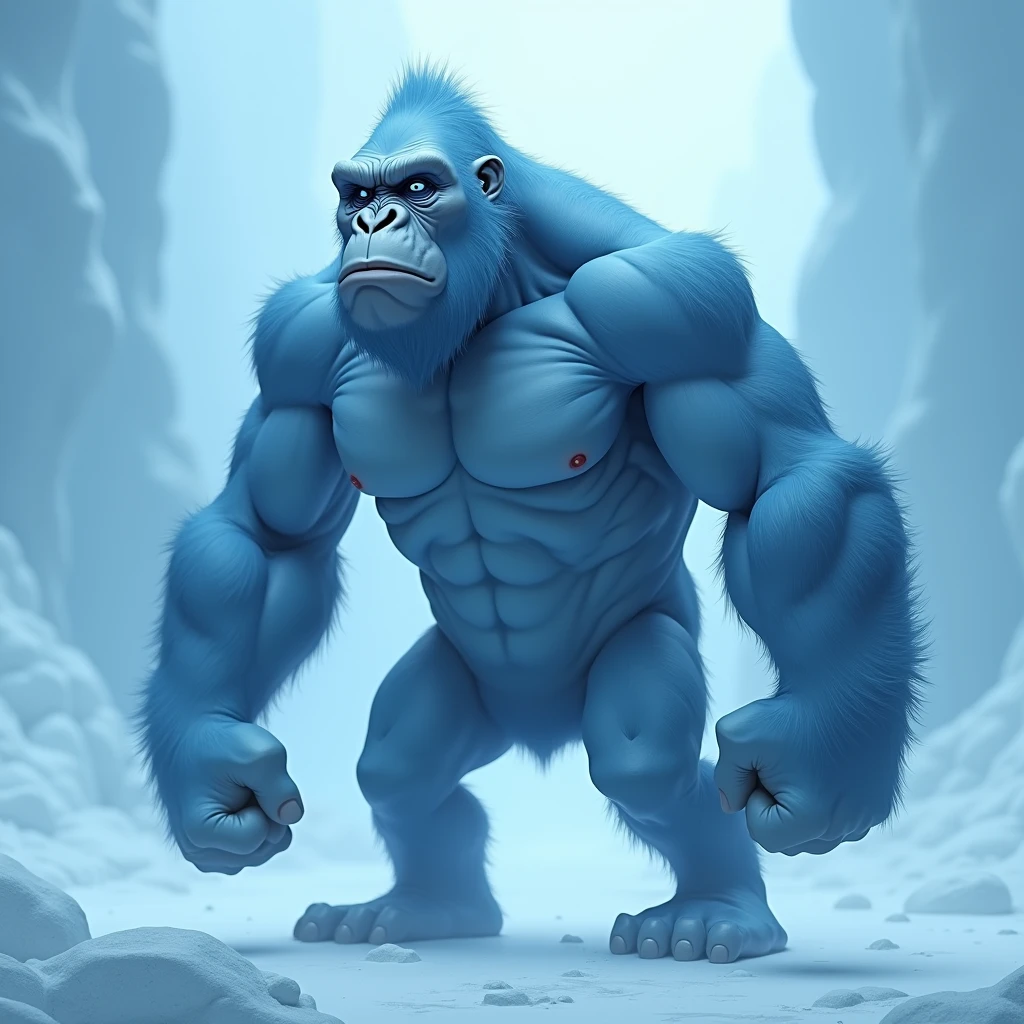 like blue gorilla, light blue background, noble, standing, angry, sideways, hairless, human-like appearance