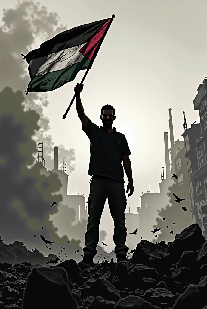 man shadow with flag Palestine in middle of war