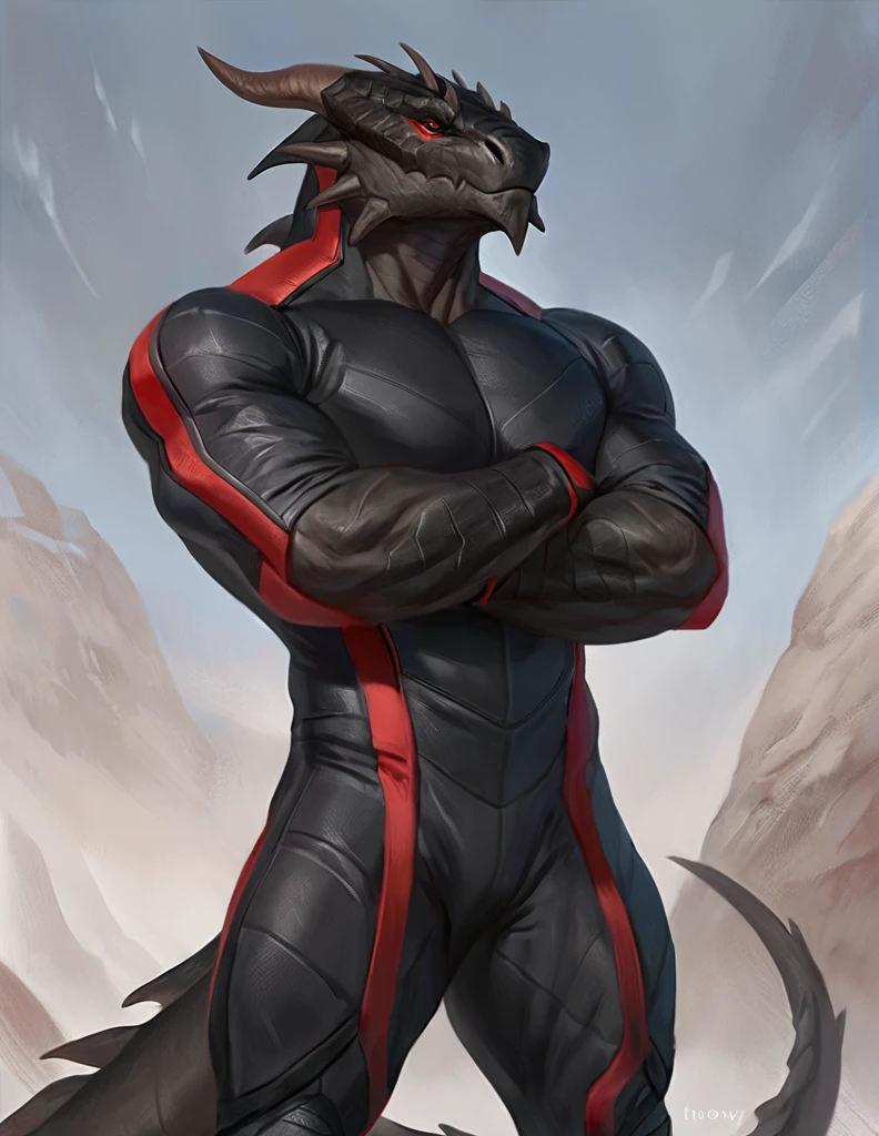 a ferocious male dragonborn, solo, muscular detailed body, standing with crossed arms, full body, black color body, red eyes, pants, armless bodysuit, comicbook style, best quality, 4k, ultra-detailed, by laobai, by taran fiddler, by honovy