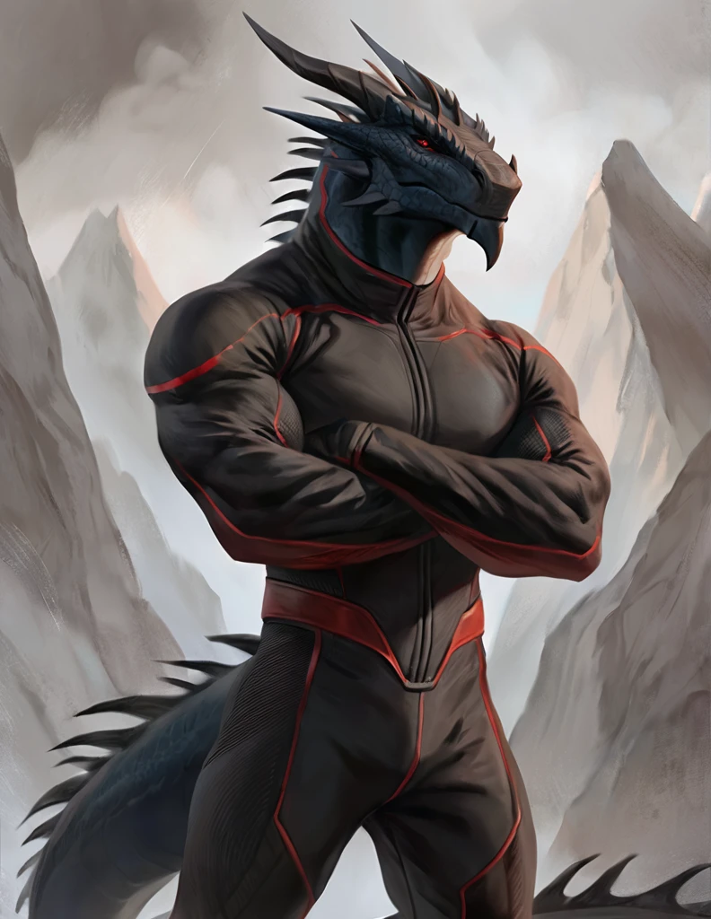 a ferocious male dragonborn, solo, muscular detailed body, standing with crossed arms, full body, black color body, red eyes, pants, armless bodysuit, comicbook style, best quality, 4k, ultra-detailed, by laobai, by taran fiddler, by honovy