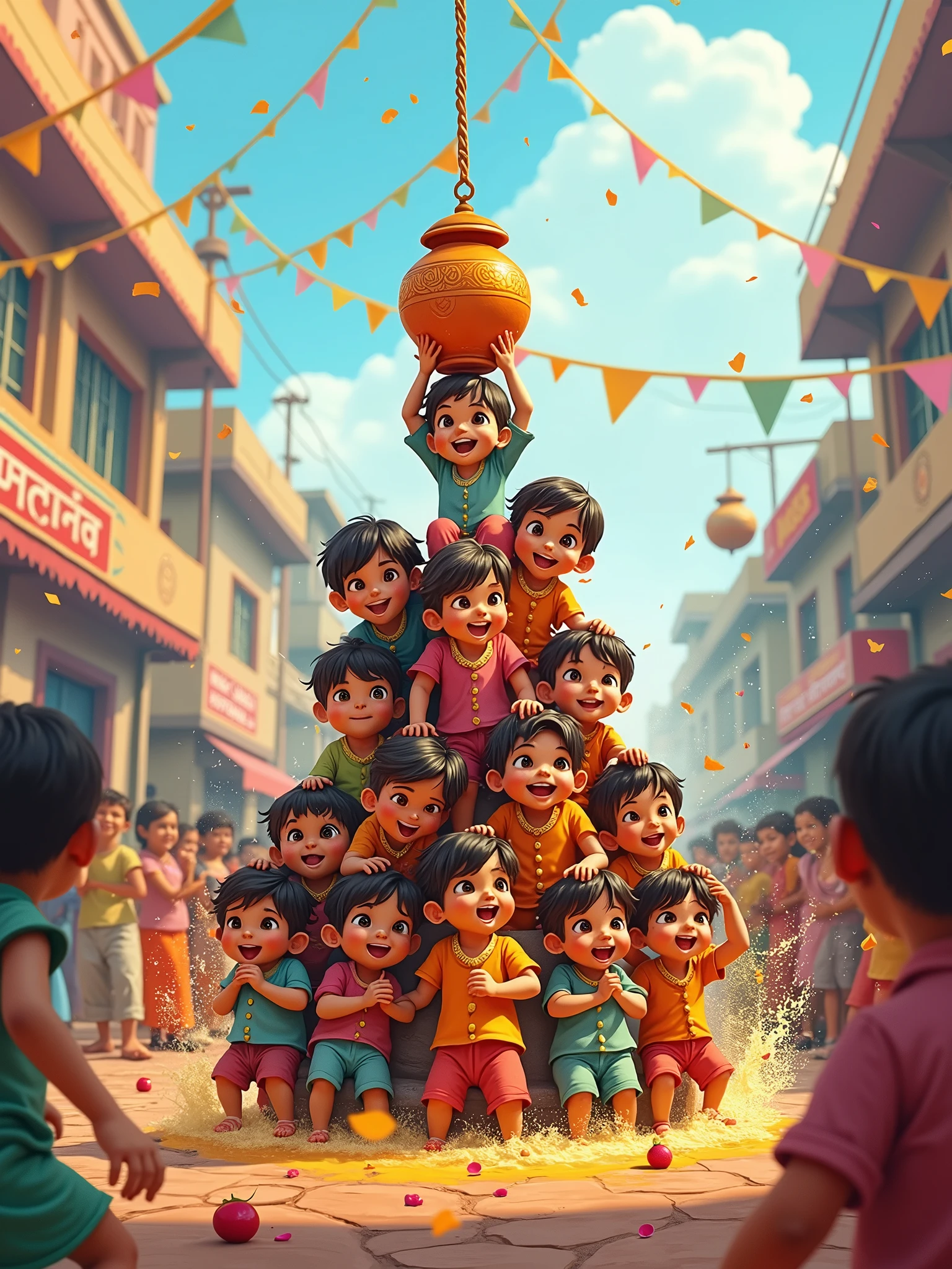 Create a vibrant sketch of the Dahi Handi festival, capturing the excitement and energy of the event. The scene should feature a cute small kid pyramid of enthusiastic participants, with cute small kid climbing on each other's shoulders to reach a clay pot (handi) suspended high above. The setting is a crowded street in an Indian town, filled with cheering onlookers, colorful decorations, and splashes of water in the air. Traditional attire, such as kurtas and turbans, should be worn by the participants, and the overall atmosphere should be festive and lively, reflecting the joyous spirit of the celebration