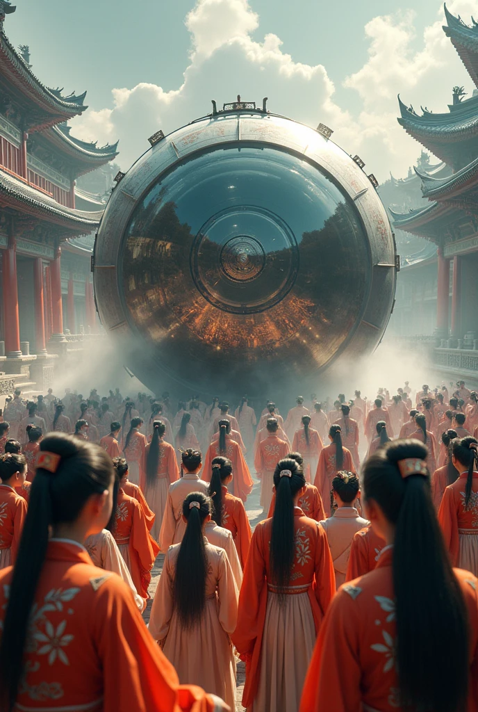 All people shocked at the big time travel capsule. All people wear Chinese traditional dress.