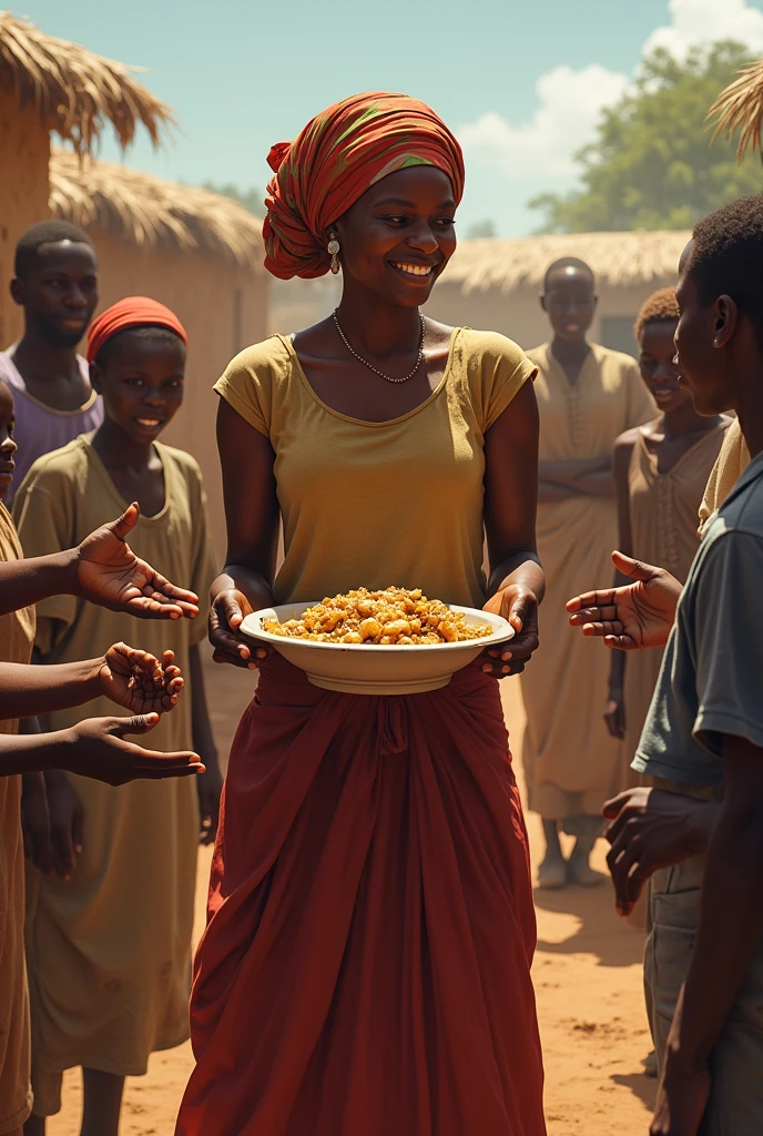 Village African woman giving food to the poor