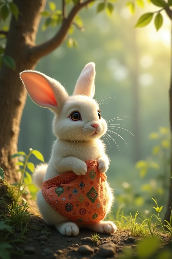 A cute rabbit looking at a dhoti hanging on a tree branch, thinking about wearing it.
