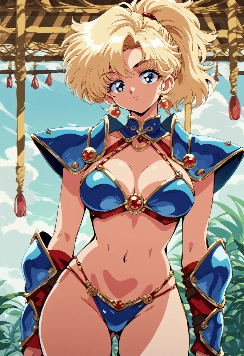 "(Yag:1.1), score_9, score_8_superior, score_8, japan anime, retro anime style, anime screencap, anime coloring, One girl, ponytail, Exquisitely detailed body, Sexy Face, Bikini Armor, Shoulder pads, jewelry, sleeve, Sexy pose, View your viewers