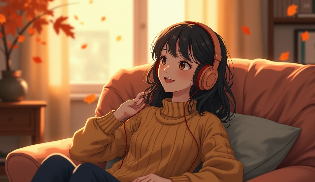 Perfect image, 8k, High school girl listening to music in a cozy room、 Using headphones, 2D-style animation, Lo-Fi,autumn leaves、autumn、Sit on the sofa、smile、Retro、Anime style illustrations、Mature atmosphere、Wearing knitwear