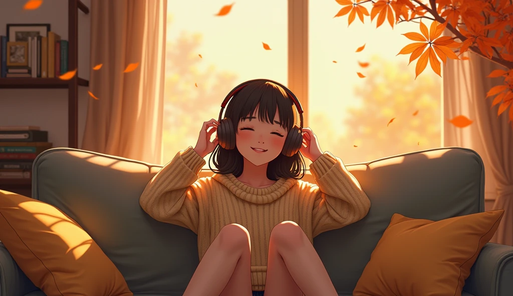 Perfect image, 8k, High school girl listening to music in a cozy room、 Using headphones, 2D-style animation, Lo-Fi,autumn leaves、autumn、Sit on the sofa、smile、Retro、Anime style illustrations、Mature atmosphere、Wearing knitwear