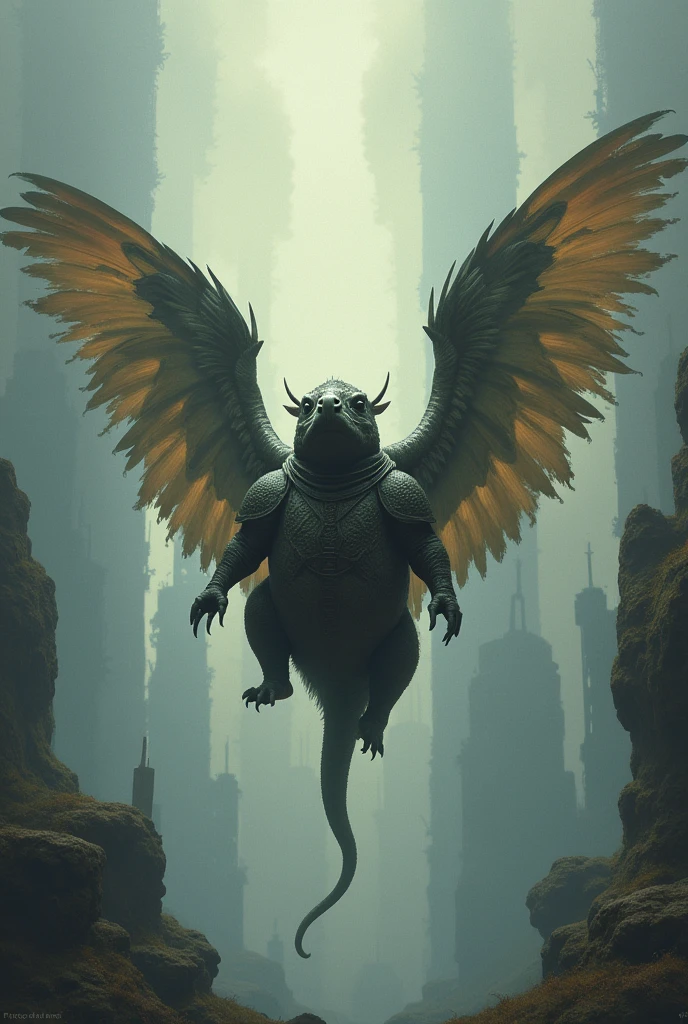 Armadillo with wings flying and looking towards the sky, beneath the land of the dead