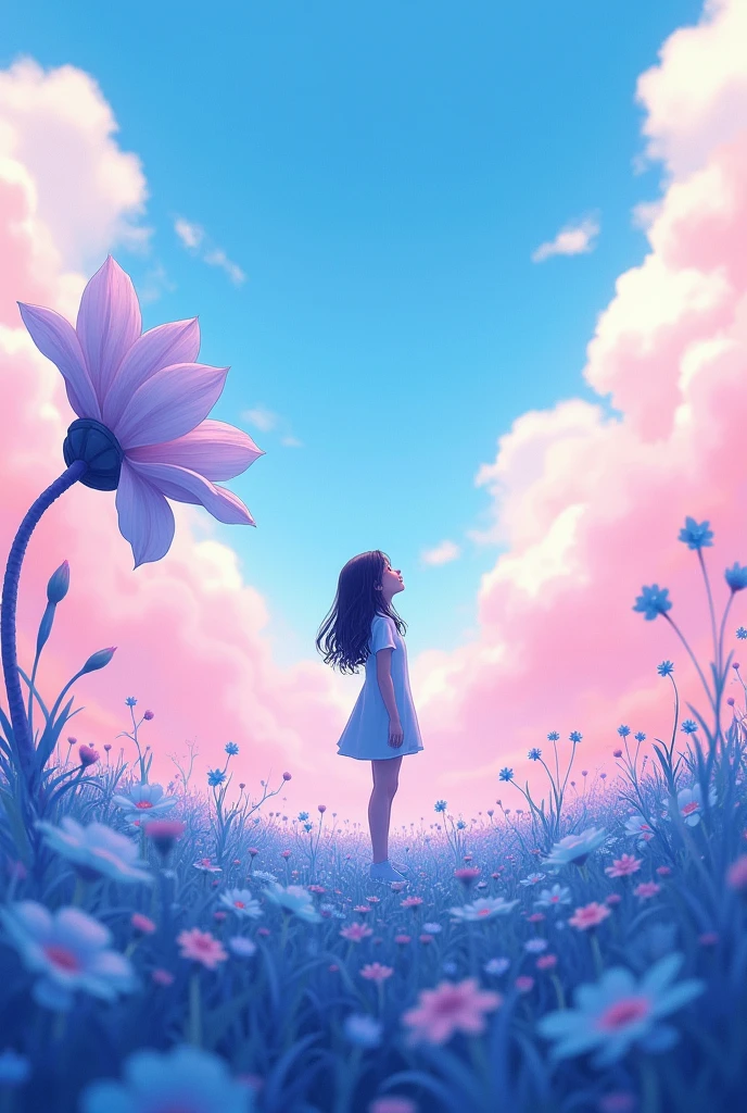 One girl is standing  at the Navi blue  flower garden, there is a big  flower , she look at clouds in the sky  , pink clouds sky and girl standing beside the flower, 