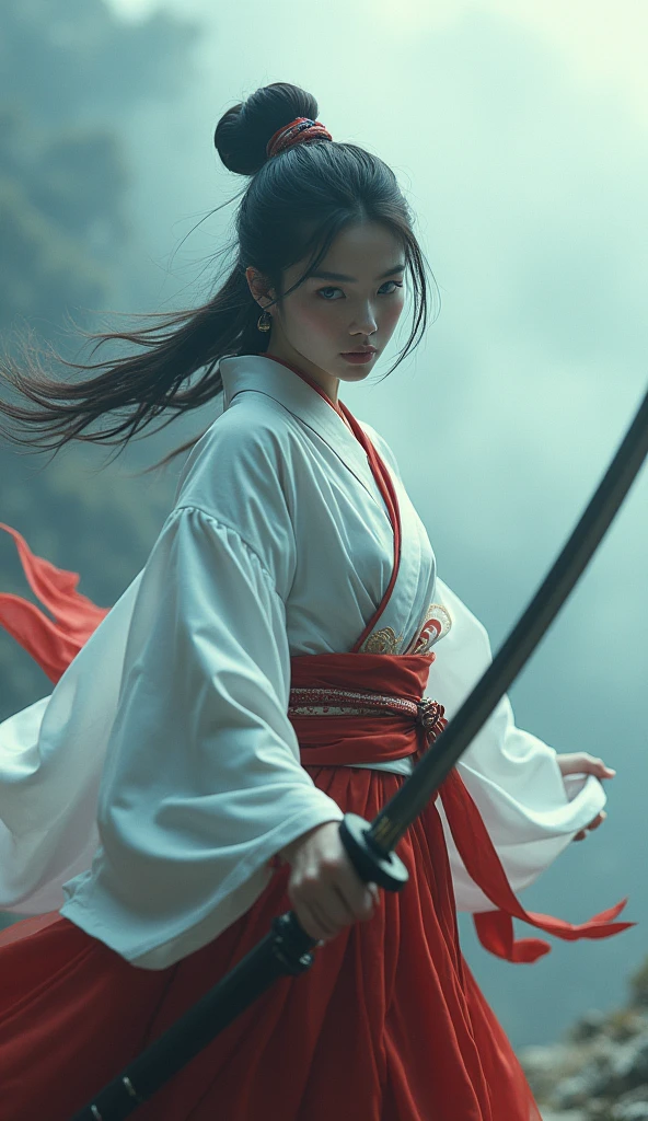 Mysterious Samurai Woman (Musashi Miyamoto) Swinging a long Japanese sword, Splitting apart with every strong blow、Shrouded in fog that obscures the view, Revealing vivid and surreal scenes, The blade's cut stands out clearly against the blurry background., Mysterious background, The sharp gaze of the white fox meets the viewer.., A dreamy layer of fog covers the landscape, piercing, clear eyes, A sophisticated and beautiful kimono, Dramatic lighting and colors, White, red harmonious outfit