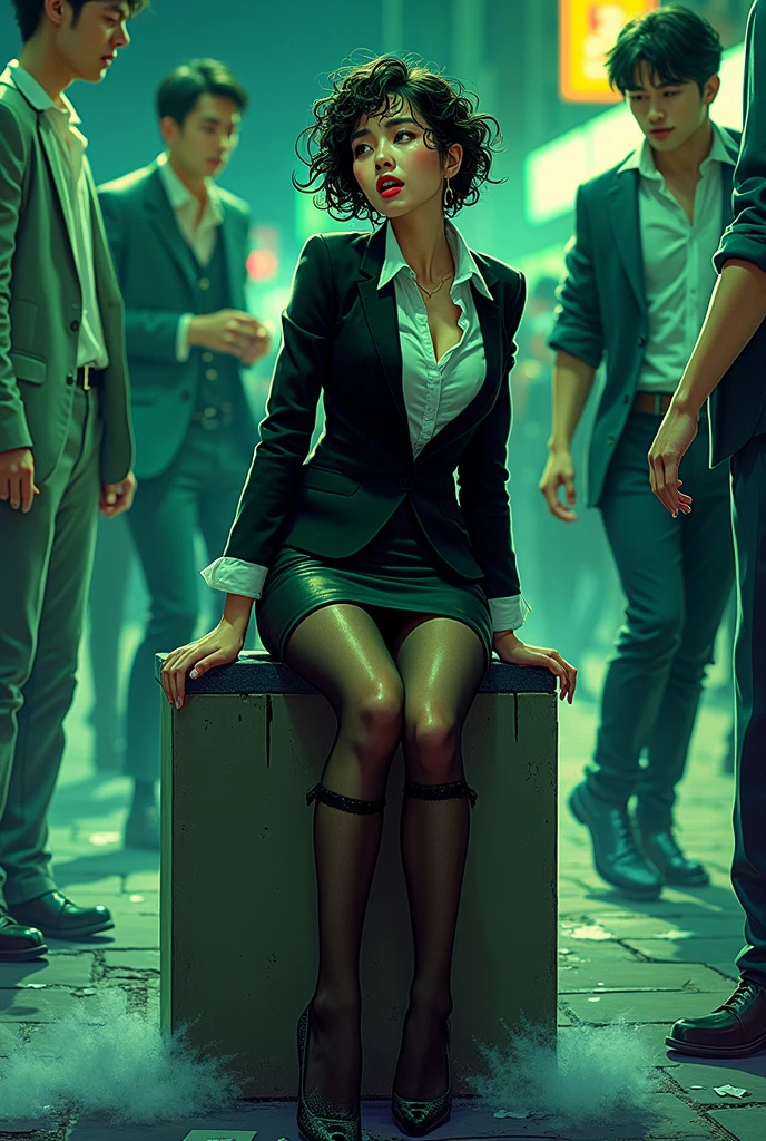 /quality (masterpiece,best quality,high resolution,High Quality,Realistic) /hair style (Curly Hair) /Clothes (pencil skirt,job interview suit,Black jacket,torn pantyhose:1.5,earring) /Pose Bend over,sit lean against a wall, legs spread:1.5 (Ahegao,orgasm,steam:1.5,swet:1.5), /Other crowd:1.5,fair skin,foot focus,lean against a wall,men,s hand:1.5,night, Roadside,ID card,asian