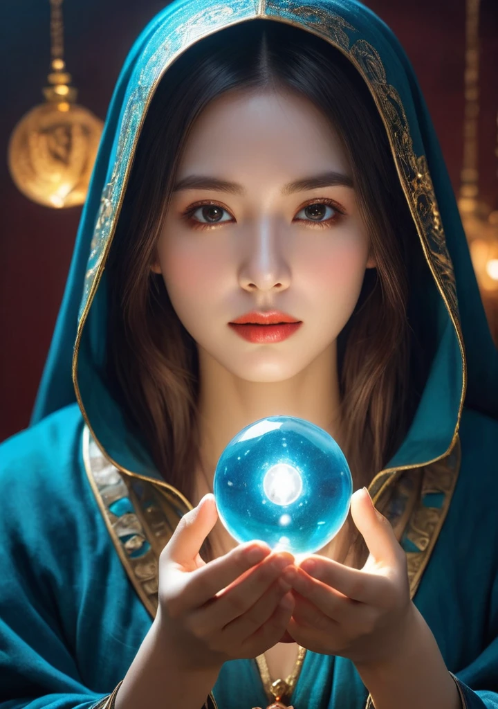 Overall body orientation: frontal. Female fortune teller. Charming, beautiful and mysterious. She wears a blue cloak over her head and has a clear face. The background is bright and glittering. The atmosphere is full of anxiety and anticipation. The fortuneteller is standing. He holds a crystal ball in each hand. The lighting in the room is bright, creating a fantastic atmosphere. Top image quality, 4K or 8K resolution. The level of detail is very fine and photorealistic. Artistic style should reflect the aesthetic of the formula with bright colors and strong contrasts. The color palette should emphasize the mysterious and mystical theme of the piece. The fortune teller's cloak is decorated with metal trim and intricate designs, with a thickness ratio of 1.5 The overall mood is stellar and fantastical. The fortune teller's expression should evoke mystical interest. There is no one there but the fortune teller.