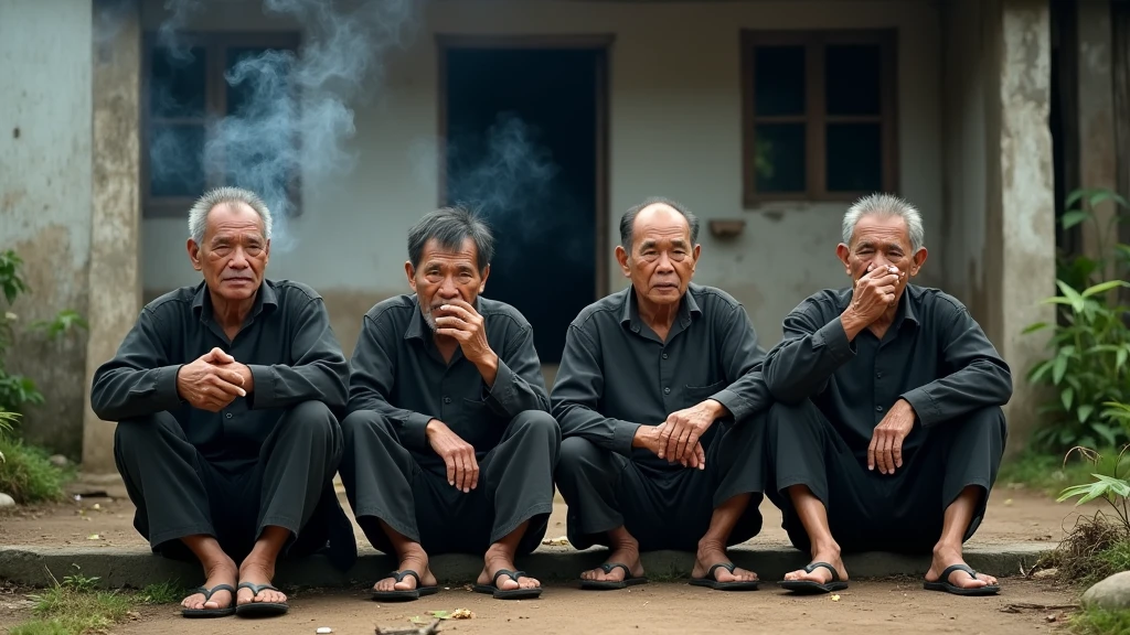 Five Thai men around 50 years olds wearing old black cloths sitting nearby the old house and smoking cigarette looking from another 8k