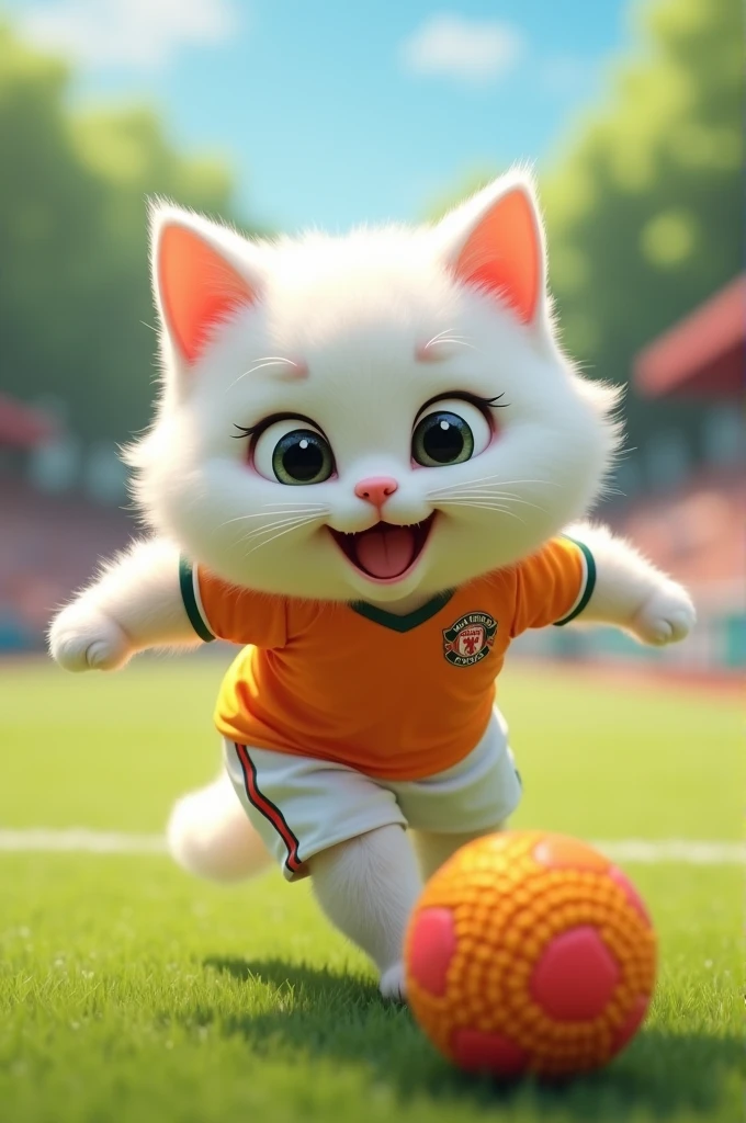 A cute big-eyed white male cat wearing a sports outfit kicks a ball.