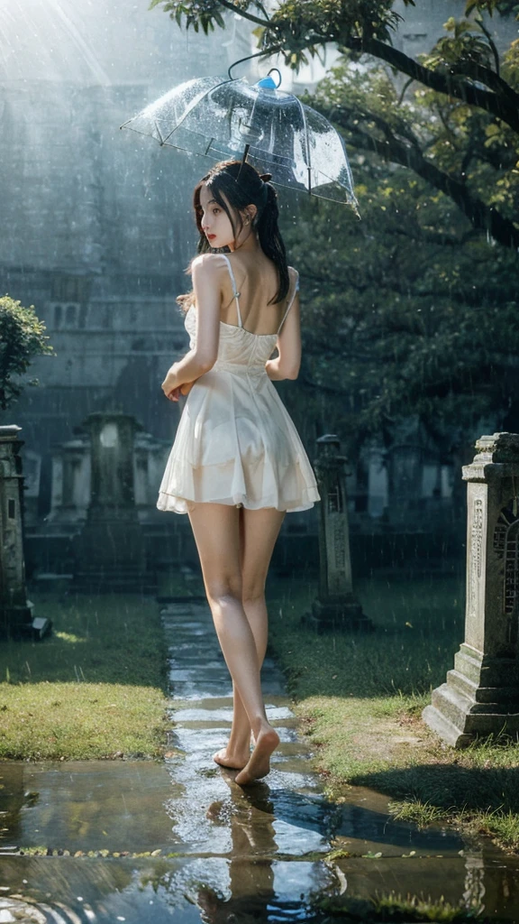 (Extremely detailed CG unity 8k wallpaper), A beautiful young woman in the rain, dress, Session, cemetery with lanterns, Empire-Style, (style-glass), (((Surrealism))), full_body_shooting, dramatic, backlit, Light rays, volumetric lighting, detailed face, Very detailed, chart, hairy legs, NSFW
