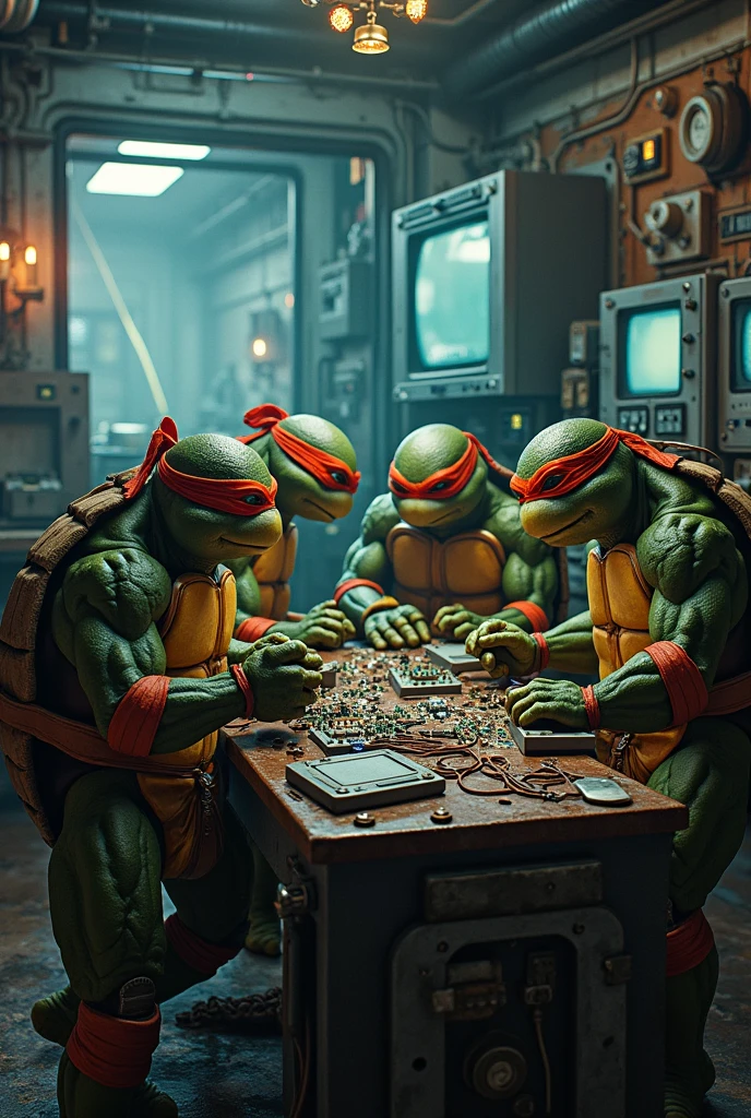 Ninja turtles telecom working, photirealistic