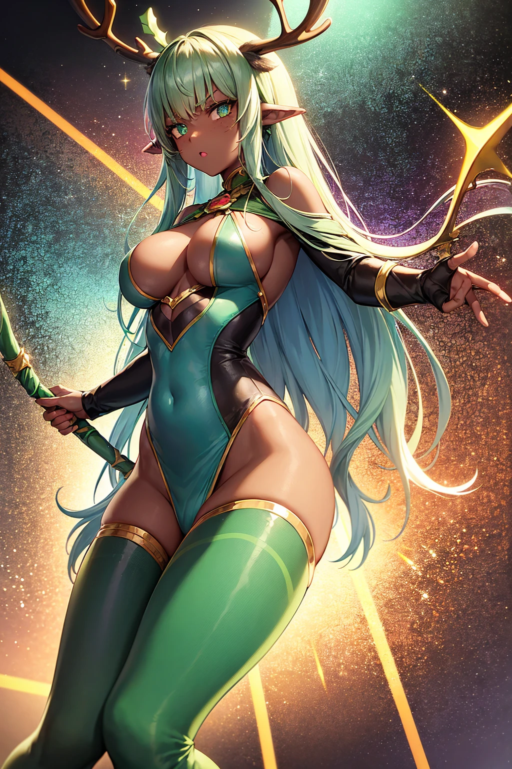 prismatic coloration, holographic environment, young African girl, Deep black skin, Beautiful, elven ears, serious glare, Neon green hair, Heterochromia with deep one eye green & one eye Gold, C-cup breasts, form-fitting bodysuit with a deep neckline, exposing much of her chest area, full-body, slender legs, beautiful eyes, freckles, leaf green eyebrows, (long straight light blue reindeer_antlers:1.2), wielding light magic, in a Battle stance, grassy aura, mythic flowing Black-Purple-Green cloak with Golden Floral designs, Safe-For-Work