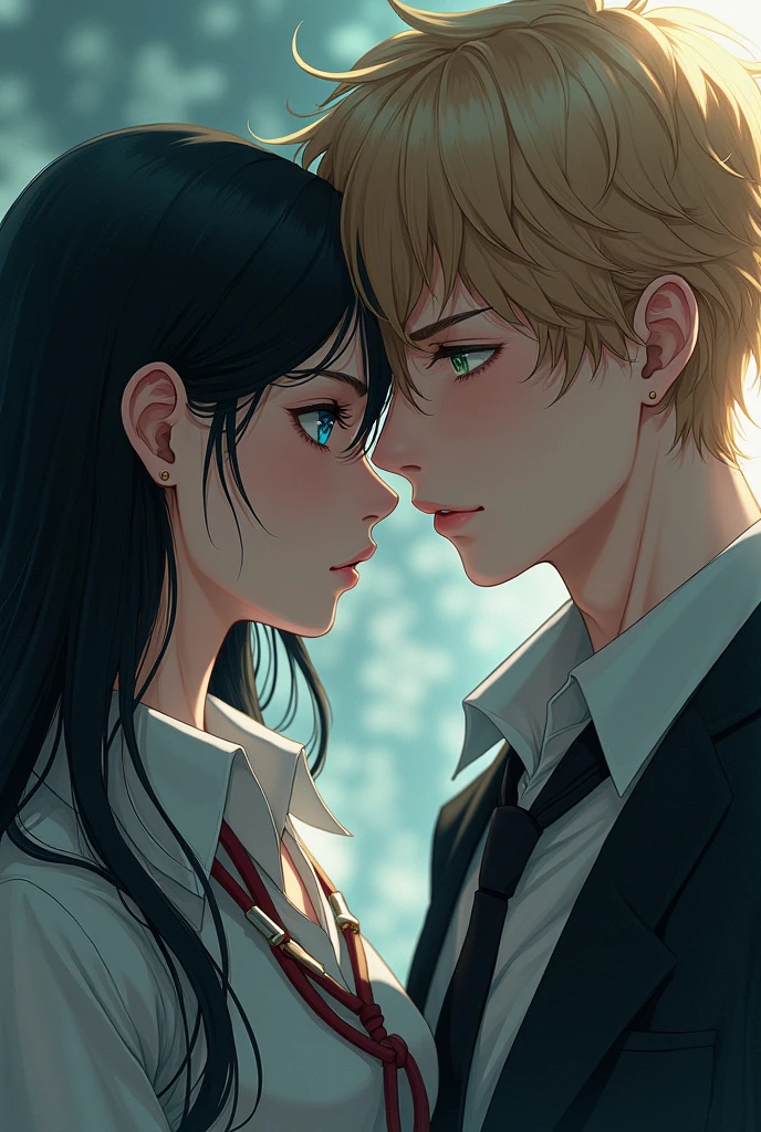 Realistic anime youth girl with model vibes, blue eyes, straight black hair with bangs, long eyelashes, straight eyebrows, pale skin, with a tall blond boy with green eyes with an unreal beauty, separating in half