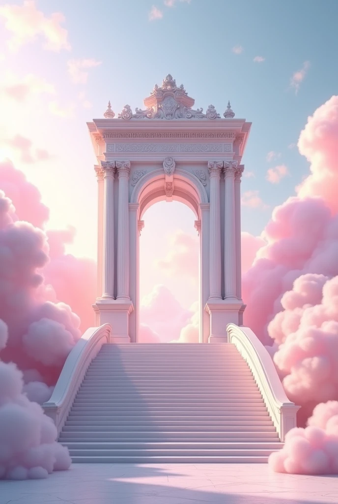 The archway has stairs and pink and white clouds.    
