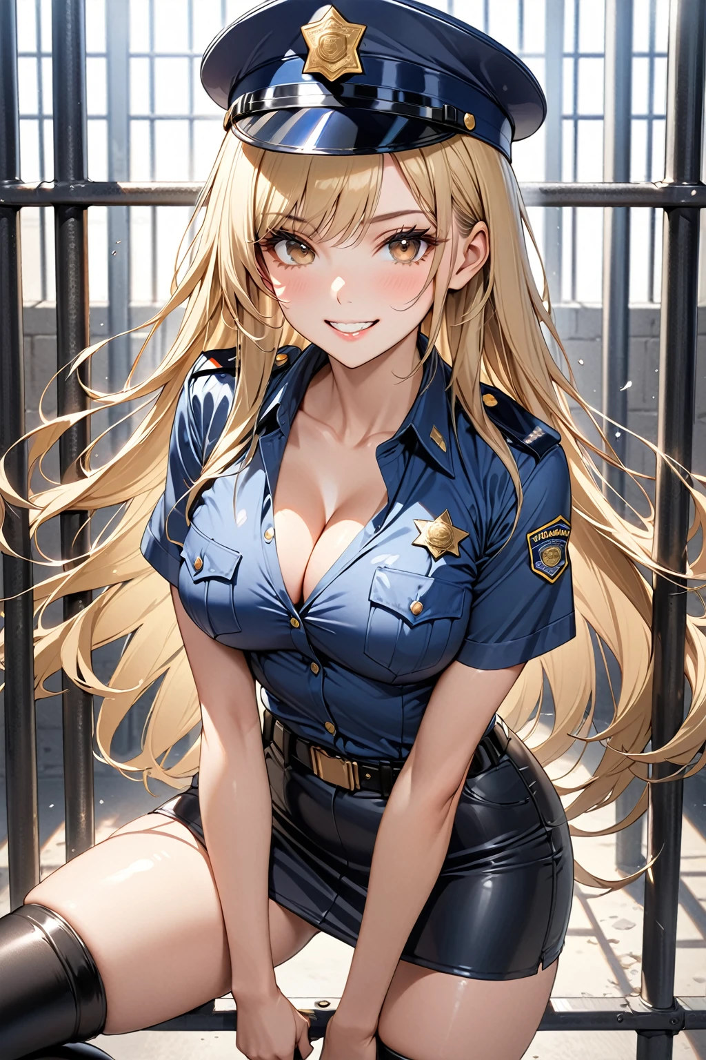 masterpiece,highest quality,32K,ultra detailed,young woman,light brown eyes,light makeup, full breasts,cleavage,fair skin,shiny skin,grin,silky hair,bangs,long hair,straight hair,blond,policewoman costume,tight mini skirt,short sleeve,small policehat,black thigh-high boots,looking at viewer,cowboy shot,prison