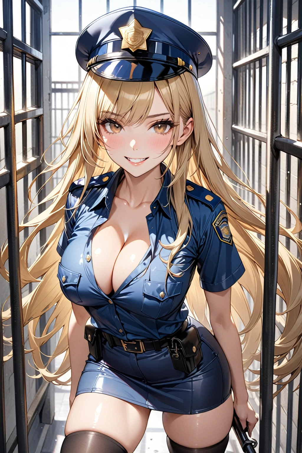masterpiece,highest quality,32K,ultra detailed,young woman,light brown eyes,light makeup, full breasts,cleavage,fair skin,shiny skin,grin,silky hair,bangs,long hair,straight hair,blond,policewoman costume,tight mini skirt,short sleeve,small policehat,black thigh-high boots,looking at viewer,cowboy shot,prison