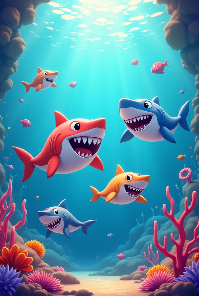 Happy sharks on a colorful animated background