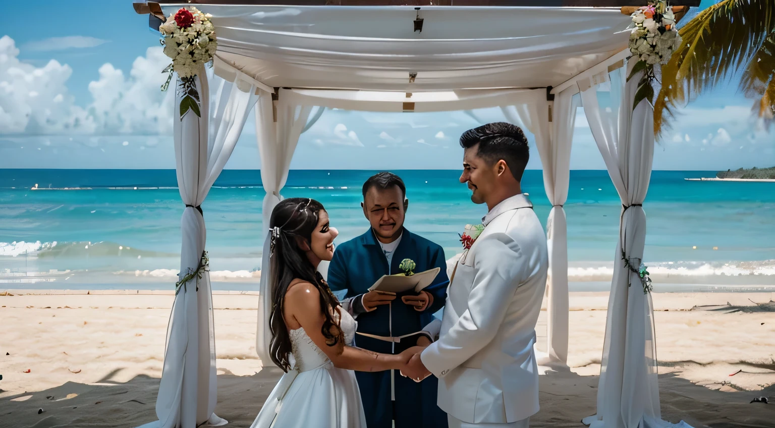 A realistic scene captured using a high-resolution Canon EOS 600D camera, depicting a wedding celebration on a beach in Puerto Rico. The scene includes a priest celebrating the marriage of two young people and several guests. The priest, in traditional dress, performs the ceremony, while the bride and groom are dressed in elegant wedding attire. The guests, dressed in elegant summer outfits, are gathered around them, enjoying the event against the backdrop of the sandy beach and turquoise waters of the Caribbean Sea. The setting includes tropical decorations and floral arrangements, with the stunning coastline of Puerto Rico in the background. The lighting is bright and natural, highlighting the joyful expressions of the couple and their guests, creating a lively, festive atmosphere. The setting must be realistic in every detail. People must be realistic, as in real life. Faces and fingers must be realistic