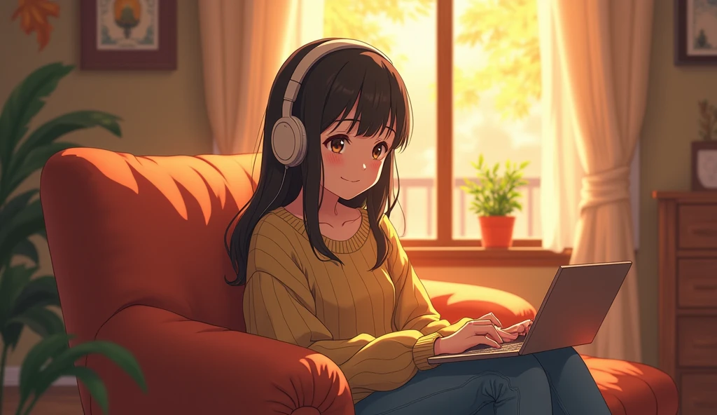 Perfect image, 8k, High school girl listening to music in a cozy room、 Using headphones, 2D-style animation, Lo-Fi,Autumn leaves outside the window、autumn、Sit on the sofa、smile、Retro、Anime style illustrations、Mature atmosphere、Wearing knitwear