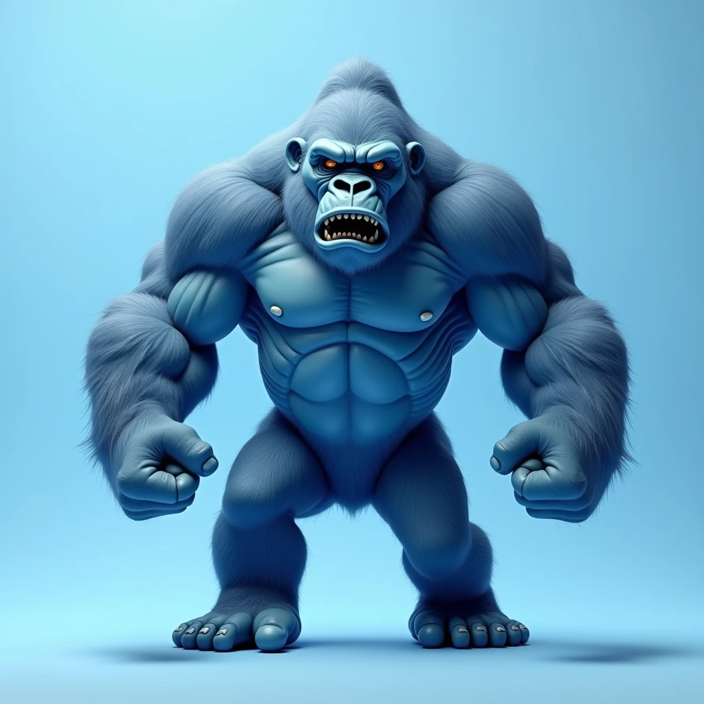like blue gorilla, light blue background, noble, standing, angry, sideways, hairless, human-like appearance, smaller gorilla 