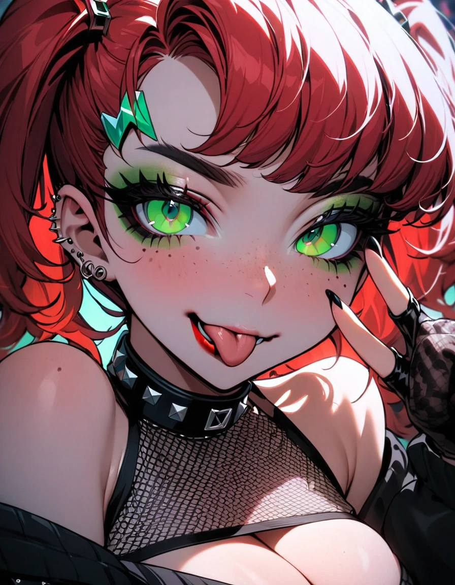 woman, curly red hair in pig tails, green eyes, eye shadow, black hoodie, black finger-less gloves, exposed shoulders, large breasts, freckles, cleavage, fishnet undershirt, looking at viewer, Holo-Punk Style, goth, eyelashes, makeup, punk aesthetic, masterpiece, best quality, face close up, sticking tongue out, two fingers