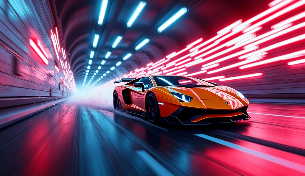 splatter art of a lamborghini aventador svj running in a tunnel at night, speed, motion, neon lights, atey ghailan, alena aemani, jeremy mann --s 50 --style raw, photo, cinematic, vibrant