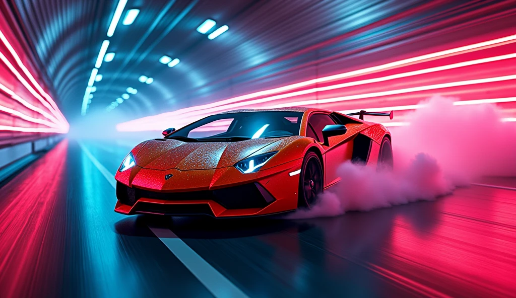 splatter art of a lamborghini aventador svj running in a tunnel at night, speed, motion, neon lights, atey ghailan, alena aemani, jeremy mann --s 50 --style raw, photo, cinematic, vibrant