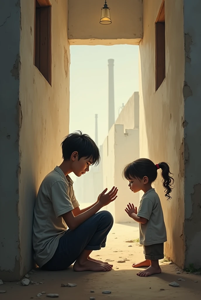 Même image, mais avec les 2 enfants qui sont assis, genoux croisés, à attendre désespérément en face de leur père.