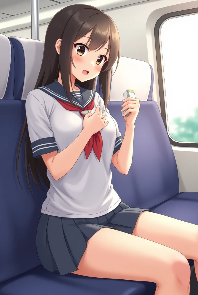 I was stripped naked on the train、Her breasts are massaged、A vibrator was attached to his crotch.、A girl in uniform reaches climax with an ahegao face。