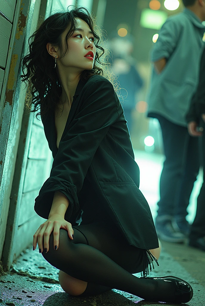 /quality (masterpiece,best quality,high resolution,High Quality,Realistic) /hair style (Curly Hair) /Clothes (pencil skirt,job interview suit,Black jacket,torn pantyhose:1.5,earring) /Pose Bend over,sit lean against a wall, legs spread:1.5 (Ahegao,orgasm,steam:1.5,swet:1.5), /Other crowd:1.5,fair skin,foot focus,lean against a wall,men,s hand:1.5,night, Roadside,ID card,asian