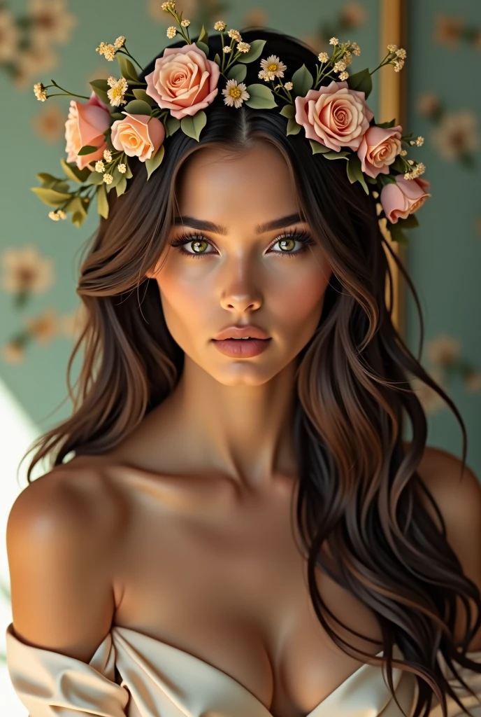 photorealistic portrait of a beautiful young woman, long flowing hair, detailed facial features, subtle makeup, elegant expression, intricate floral crown, luxurious satin dress, soft natural lighting, warm color palette, cinematic composition, photographic quality, hyper-detailed, masterpiece