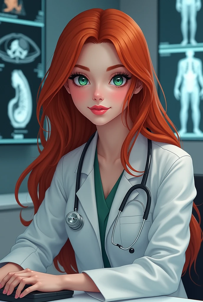 ((Best quality)), ((masterpiece)), (detailed), close-up person, young ambitious woman - doctor in a medical robe, sitting at a table in a medical office facing the camera, in the interior of a modern medical clinic; The doctor looks at the monitor; The background image reflects the theme of artificial intelligence in medicine, CT scan images, magnetic resonance imaging, Table, Graphics; the doctor has long red hair, full lips, green eyes, long eyelashes, (fantasy art:1.3), highly detailed face, Beautiful illustration, (portrait composition:1.3), restrained, shallow depth of field, focus on the eyes, (rating_obvious), (check_9, check_8_up, check_7_up, check_6_up, check_5_up, check_4_up) a high resolution, masterpiece, shiny smooth skin, close up