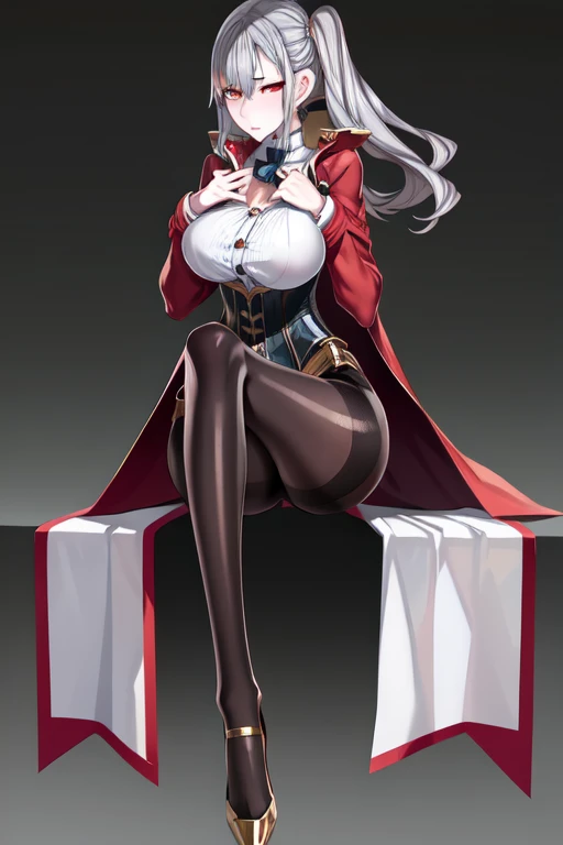 full body, solo, 1girl, looking at viewer,  silver hair, long coat, short dress,corset, pantyhose,red eyes,long hair, 
 braid right side ponytail, mature female, (masterpiece), detailed hands, detailed eyes, beautiful face, beautiful eyes, perfect hands, looking at the viewer, left hand resting in her chest, right and posing, orange eyeshadow, shinny high heels, covered eye