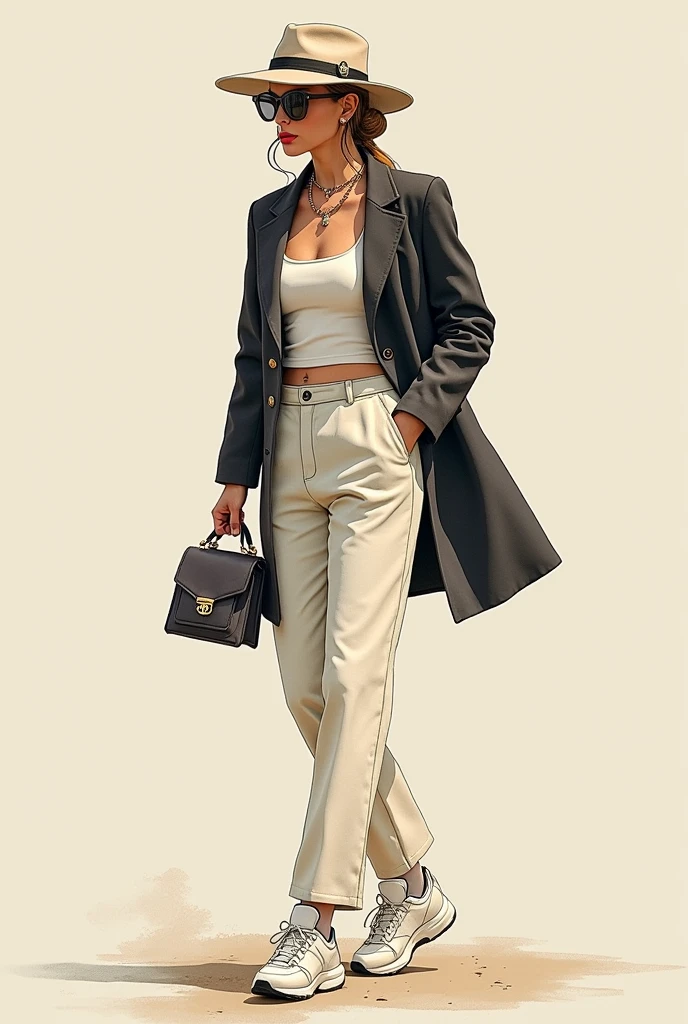 sketch of lady, of a complete outfit with an athleisure theme, that have an exclusive style, entre old money, with the essence of Prada, y channel.
