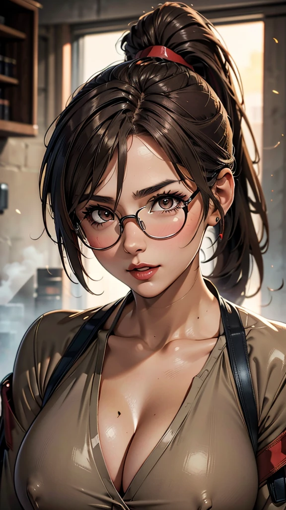 Brown and gray sniper girl wearing brown military suit，Huge breasts，ruins，Red glasses，Thick smoke all around，Cleavage，Lipstick，Ponytail hairstyle，Nipple showing，cleavage，secretary