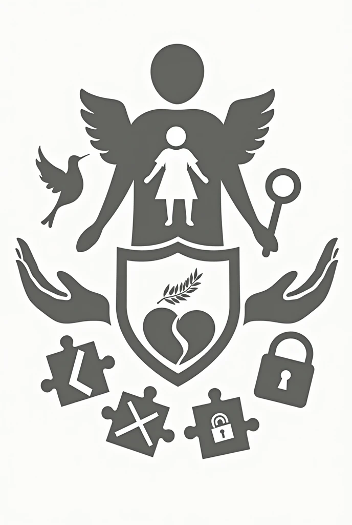 create a logo that advocates against Online Sexual Abuse and Exploitation of Children (OSAEC), Child Sexual Abuse and Exploitation Materials (CSAEM), and all forms of abuse.
Broken Heart:

Represents the emotional and psychological damage caused by abuse. A broken heart can symbolize the need to heal and protect.
Eyes with a Slash:

Symbolizes the idea of removing or stopping harmful content and abuse. The slash through the eyes can represent preventing the viewing and spread of abuse materials.
Lock and Key:

Represents security and protection. A lock can signify safeguarding children, while a key symbolizes access control and prevention of abuse.
Guardian Angel:

Symbolizes protection and care. An angelic figure can represent the safeguarding role of individuals and organizations in protecting children.
Hands Holding a Child:

Illustrates the nurturing and protective support extended to children. Hands gently holding a child can depict care and safety.
Crossed Out Symbols:

A red "X" over symbols representing abuse or exploitation (like a digital icon or book) can convey the message of prohibition and rejection of these harmful acts.
Magnifying Glass:

Represents vigilance and scrutiny. It can symbolize the effort to uncover and address instances of abuse and exploitation.
Safe Haven Symbol:

A house or shelter symbol can represent a safe space for children, indicating the protection and refuge from abuse.
Puzzle Pieces:

Symbolizes the idea of fitting together efforts from different sectors (community, law enforcement, education) to address and prevent abuse.
Dove with Olive Branch:

Represents peace and hope for a future free from abuse. The dove is a universal symbol of peace and the olive branch signifies reconciliation and healing.
