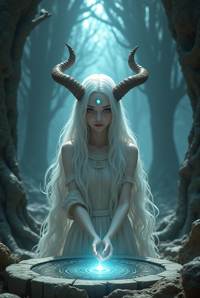 face lighting, bright backlight, super high resolution, best quality, Photos, 4k, (Realistic:1.2), huiye, 1girl, (the third eye:1.2), horns, (pale skin:1.4), (white hair:1.2), (full-size photograph:1.2), 
dark theme, fantasy twisted world, cowboy shooting, sfw, hand unfolding, magic circle, summoning,