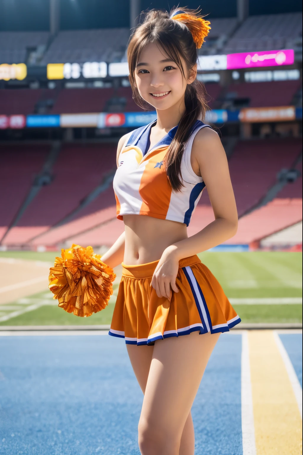 1 young girl,very cute and beautiful japanese teen actress,highly detailed beautiful face,
sleeveless orange cheerleader uniform,pom poms,looking at viewer,smile,happy,
beautiful legs,stadium stands,real person,photorealistic,8k,raw photo,
