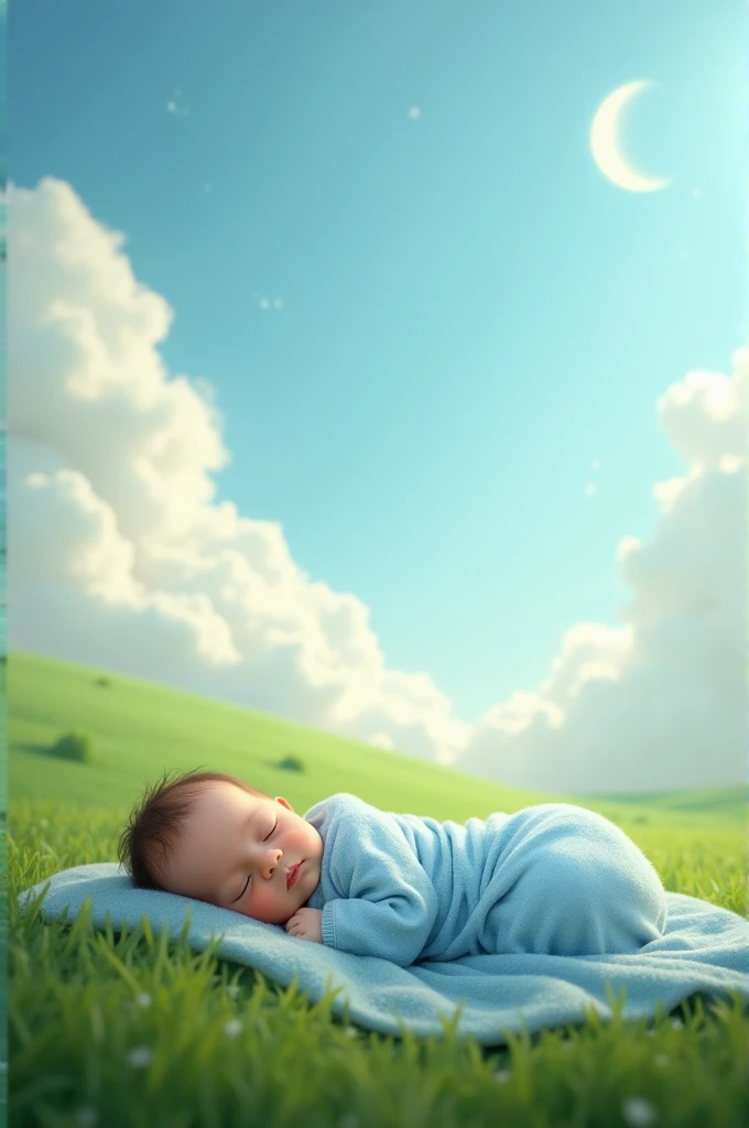 Blue of a baby boy / Lying in a green grass ground/ With background of a blue sky with white clouds