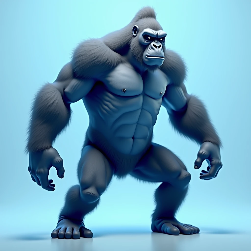 like blue gorilla, light blue background, noble, standing, angry, sideways, hairless, human-like appearance,