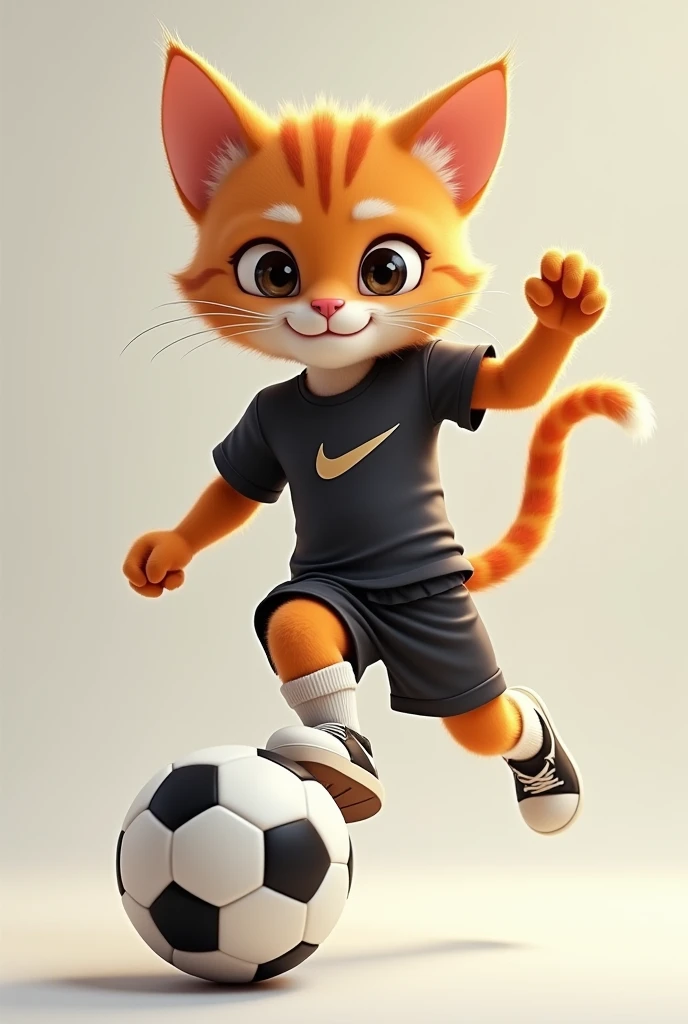 A young male cat with white muscles and big eyes is very cute. He wears a sports outfit and kicks a ball. The ball is black and white.