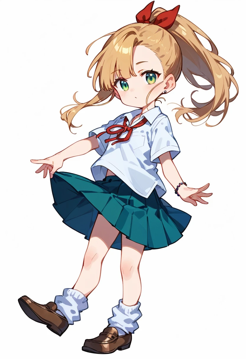 masterpiece, (score_9,score_8_up,score_7_up,score_6_up), 1 girl, green eyes, little sassy, bitch / cockslut / whore, skinny, tsurime, asymmetrical bangs, ponytail , (blond hair:1.3), (school uniform), (white collared shirt, plain pattern shirt, short sleeves, shirt tucked in:1), (red plain pattern narrow neck ribbon:1.2), brown loafers, white loose socks ,chibi only,chibi,