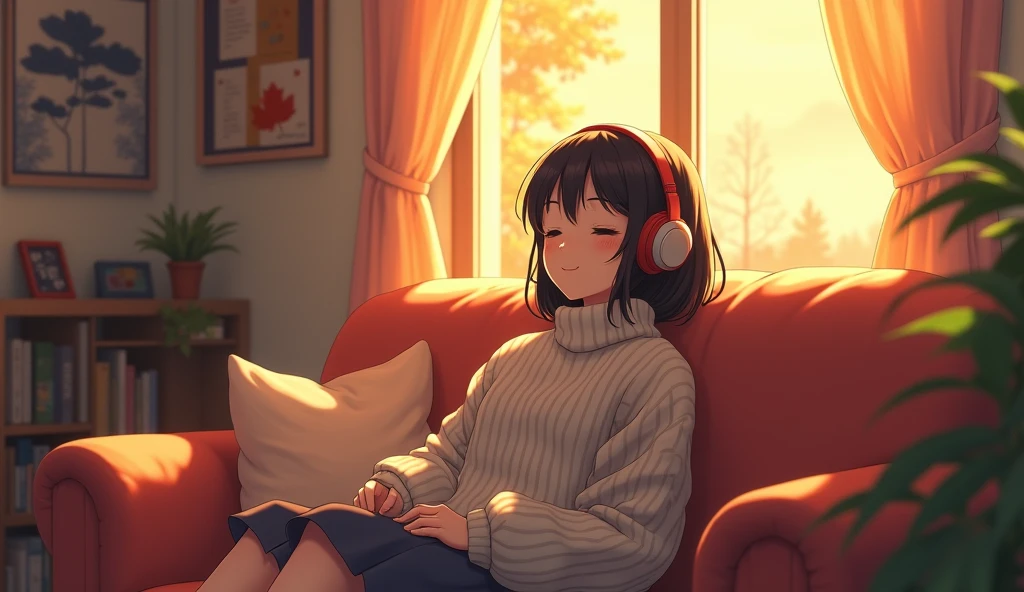 Perfect image, 8k, High school girl listening to music in a cozy room、 Using headphones, 2D-style animation, Lo-Fi,Autumn leaves outside the window、autumn、Sit on the sofa、smile、Retro、Anime style illustrations、Mature atmosphere、Wearing knitwear