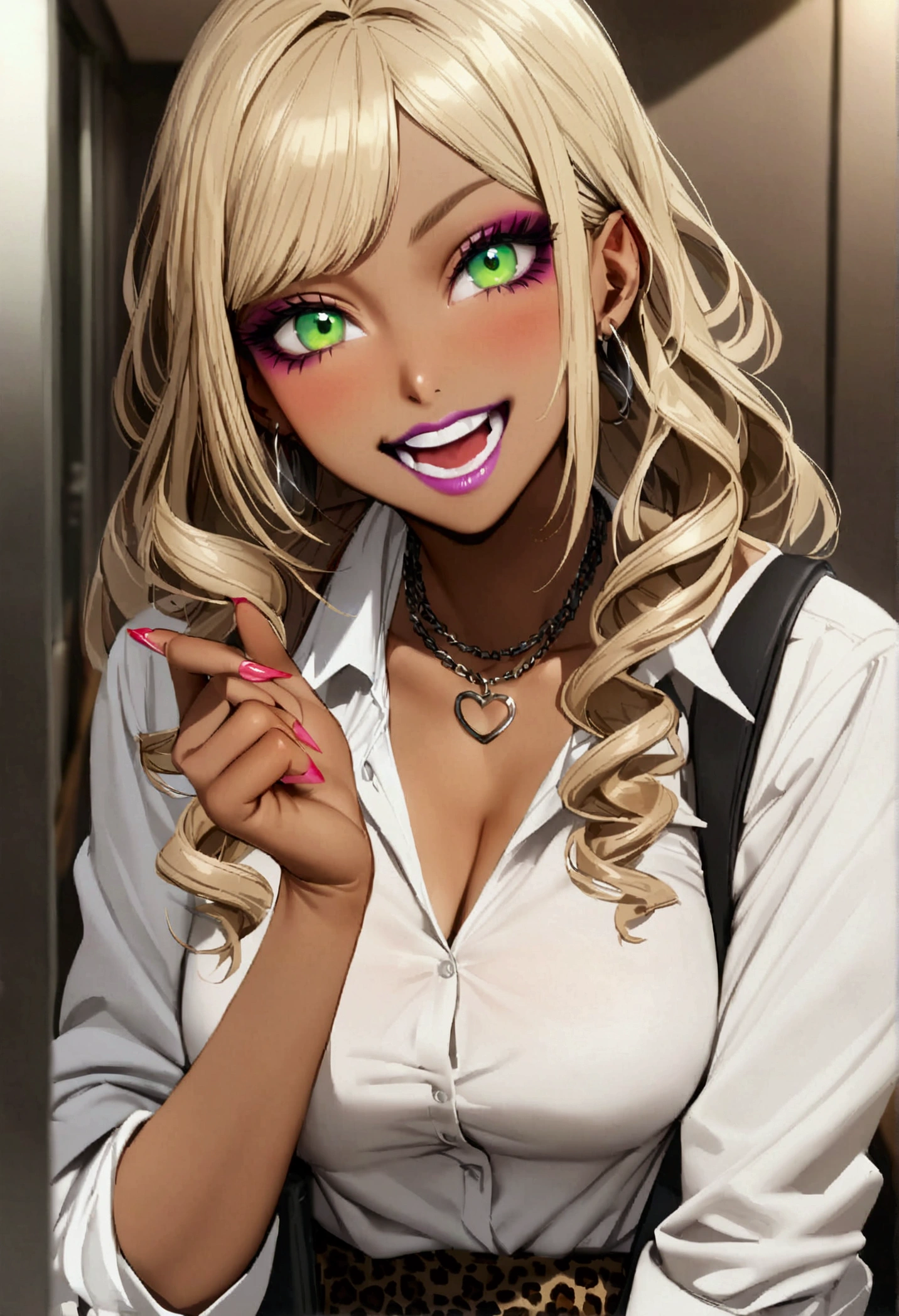 girl with dark brown hair and blonde highlights in her hair with dark complexion with gyaruora ora makeup, green eyes with dark gyaru clothing and gray leopard, with a gyaru bag matching her clothes with a gyaru greeting