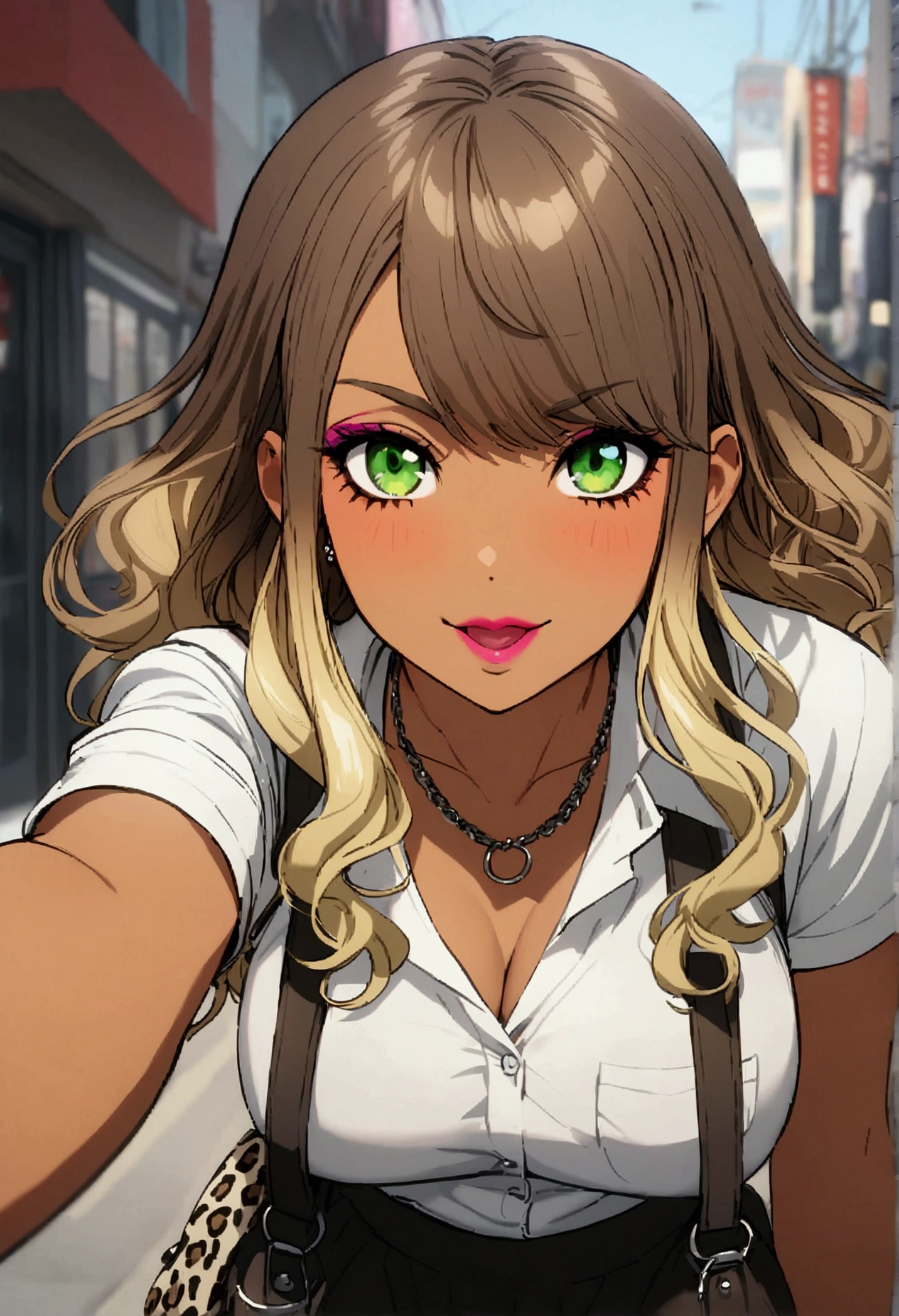 girl with dark brown hair and blonde highlights in her hair with dark complexion with gyaruora ora makeup, green eyes with dark gyaru clothing and gray leopard, with a gyaru bag matching her clothes with a gyaru greeting